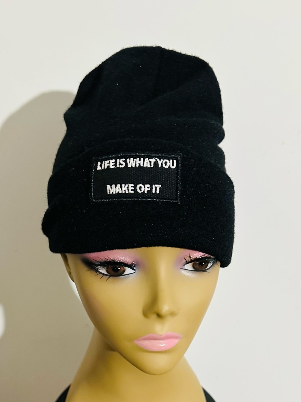 ZARA Black Knit Beanie “Life Is What You Make Of It” S/M
